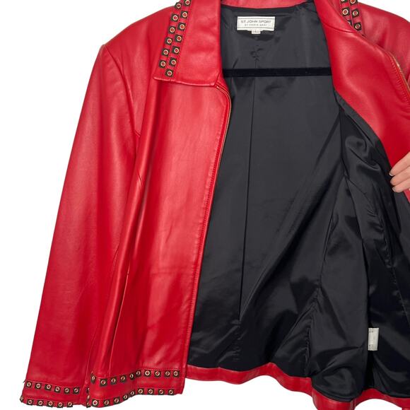 St. John Sport Red Leather Jacket Blazer Grommet Detailing Size Large - Picture 15 of 15